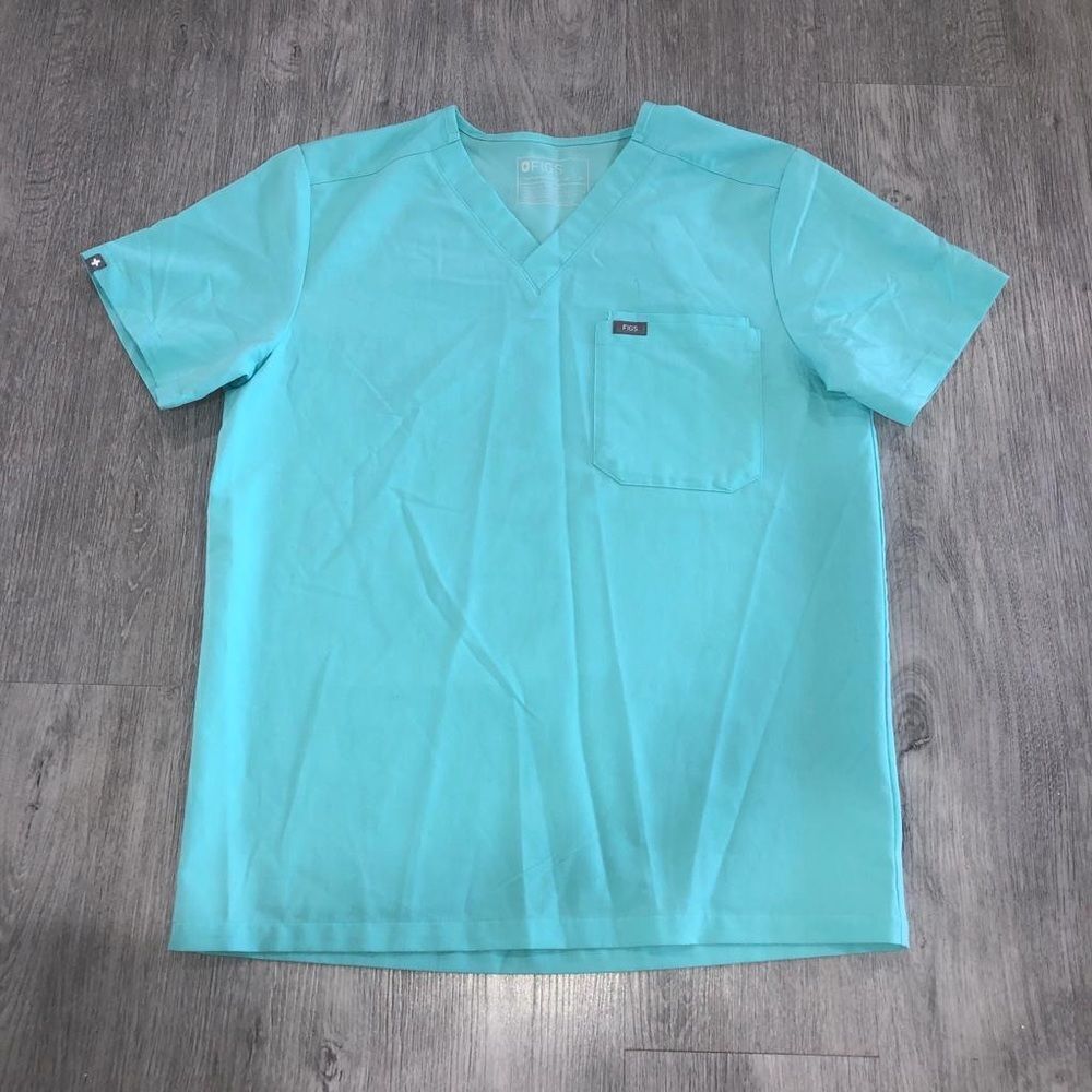 Figs Leon Two Pocket Scrub Top Men's Blue Green V Neck Medical Work Shirt Medium